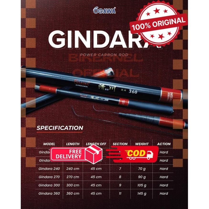 Ogawa Joran Tegek Gindara 180-360 cm Kaku Hard Power Carbon Rod dengan Berbagai Pilihan Panjang - 18