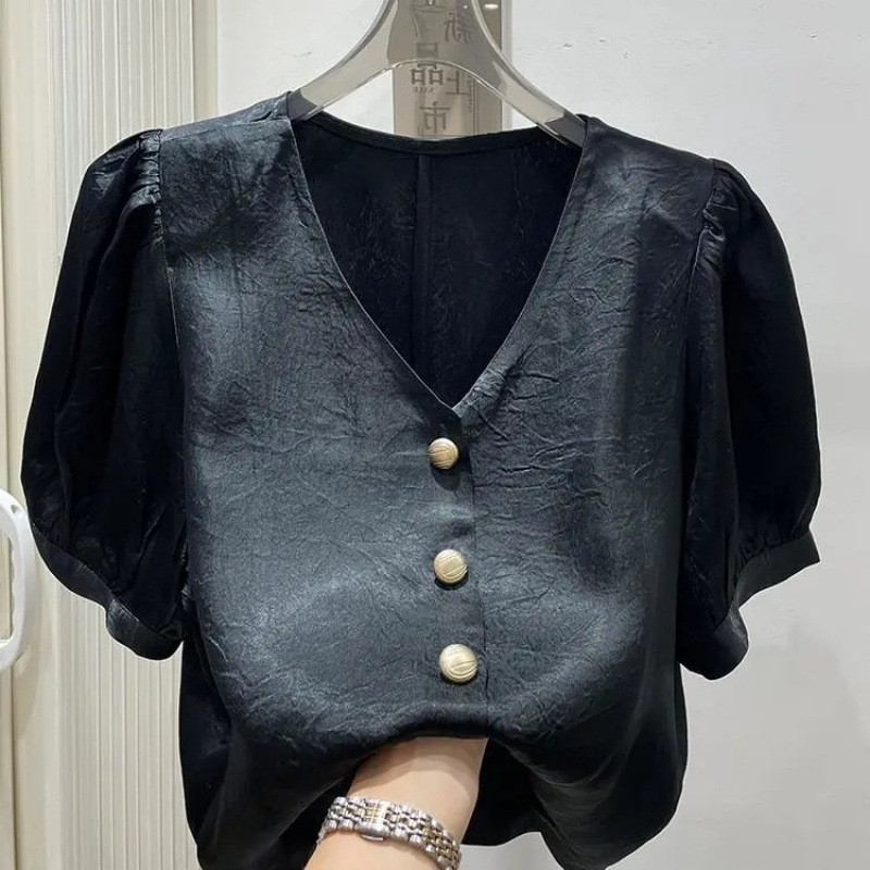 Blus Gaya Prancis Lengan Pendek Model Puff Sleeve Bahan Asetat Baru