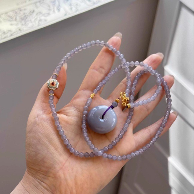 Kalung Liontin Teratai Putih Ungu Berasap Gaya Hanfu Kuno untuk Wanita Gaya Cina Baru Manik-manik Bu