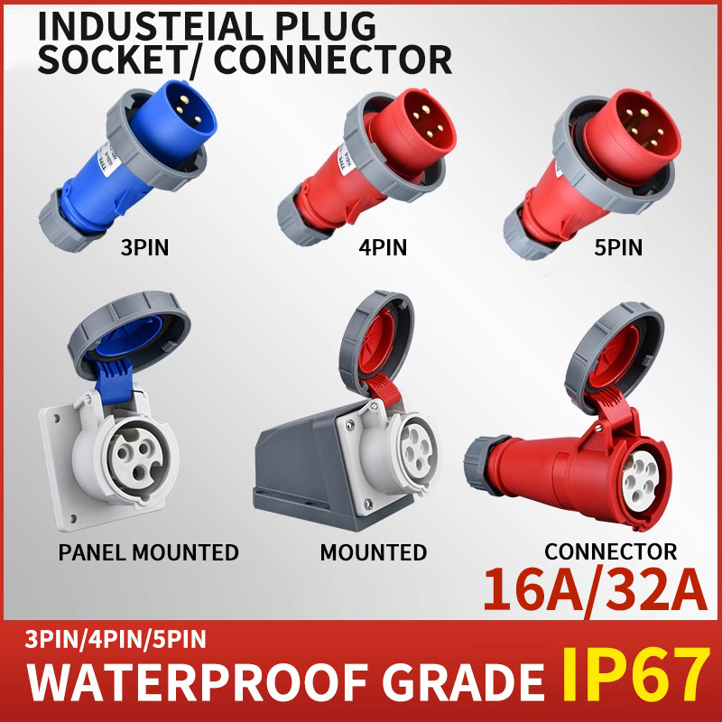 Steker dan Soket Industri 3P/4P/5Pin Konektor Listrik 16A 32A IP67 tahan air Soket Dinding MALE FEMA