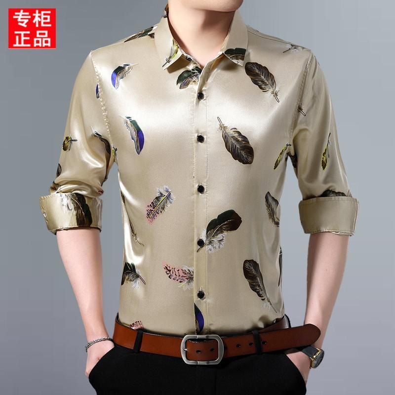 Silk satin men's long-sleeve shirt, loose fit, thin, floral print, stretchy shirt