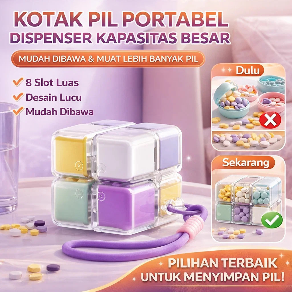 Kotak Obat Kubus Magnet/Kapasitas Besar/Portabel/Desain Magnet/Tahan Lama/Cocok Travel/Wadah Obat