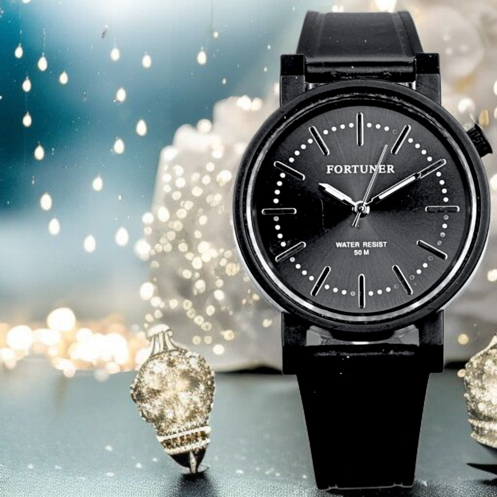 Jam Tangan Analog Quartz Wanita Cewek Hitam Bulat Sedang Tahan Air Karet 822 HanaDelon