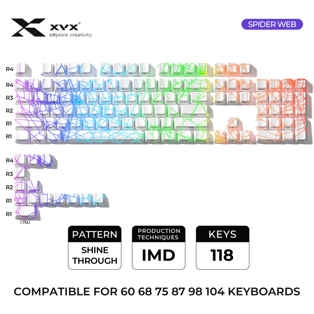 XVX Spider Web Keycaps OEM Profile Shine Through IMD-Tech Keycap Set 118 Keys Black Backlight(only k