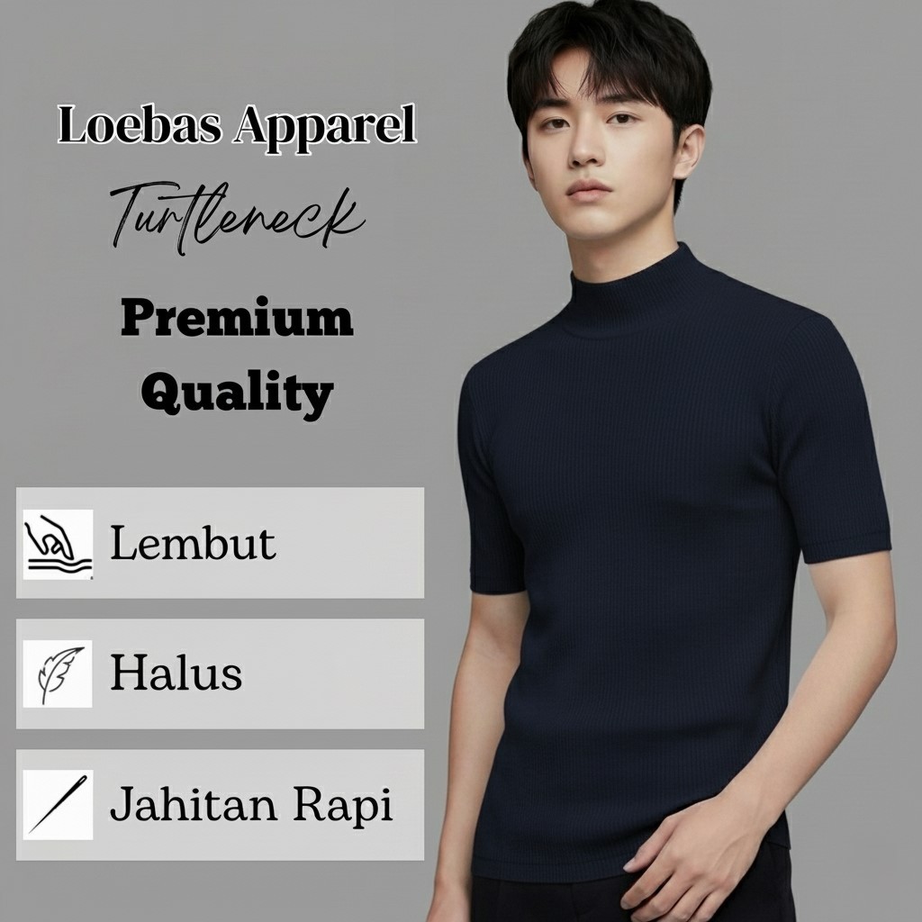 Baju Kaos Turtleneck Rajut Leher Tinggi Pria Polos Lengan Pendek