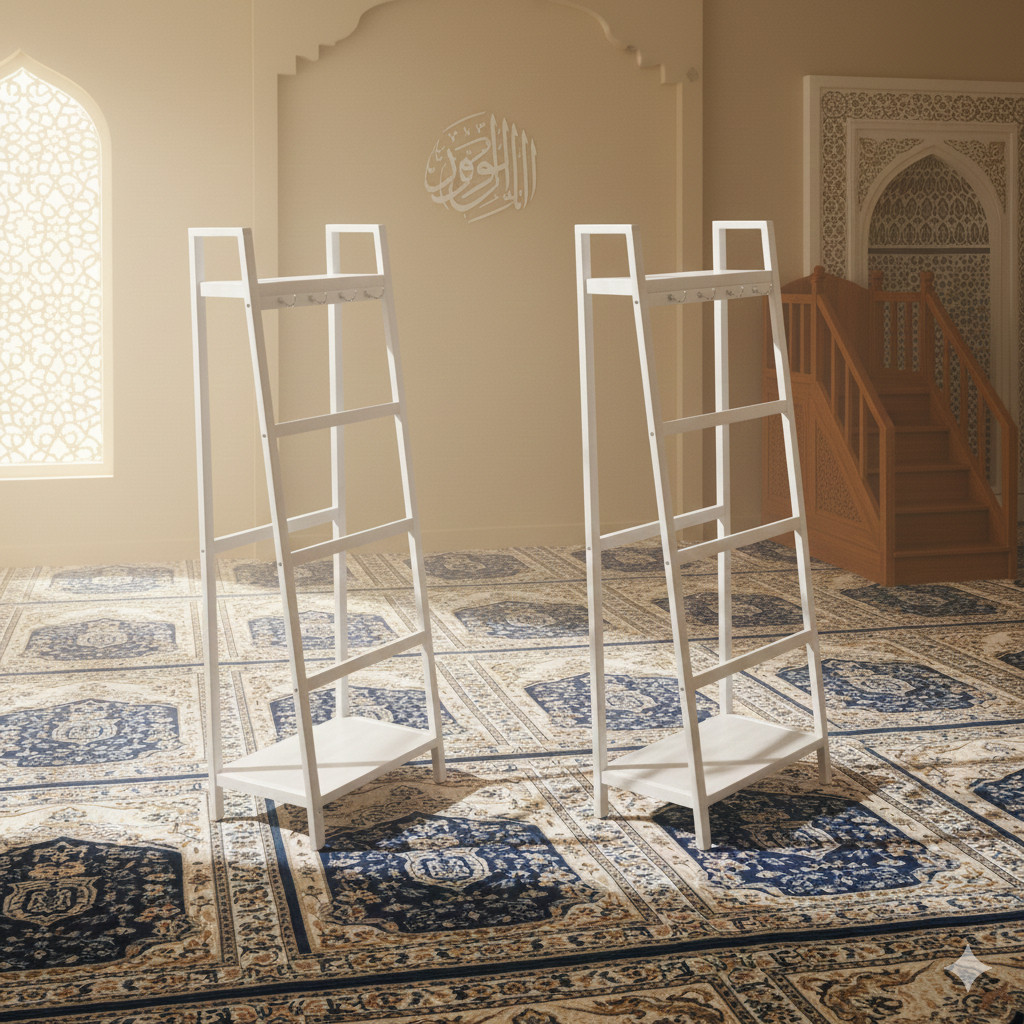 rak sajadah dan mukena alquran stand hanger kayu jati aesthetic minimalis tangga estetik rak jilbab 