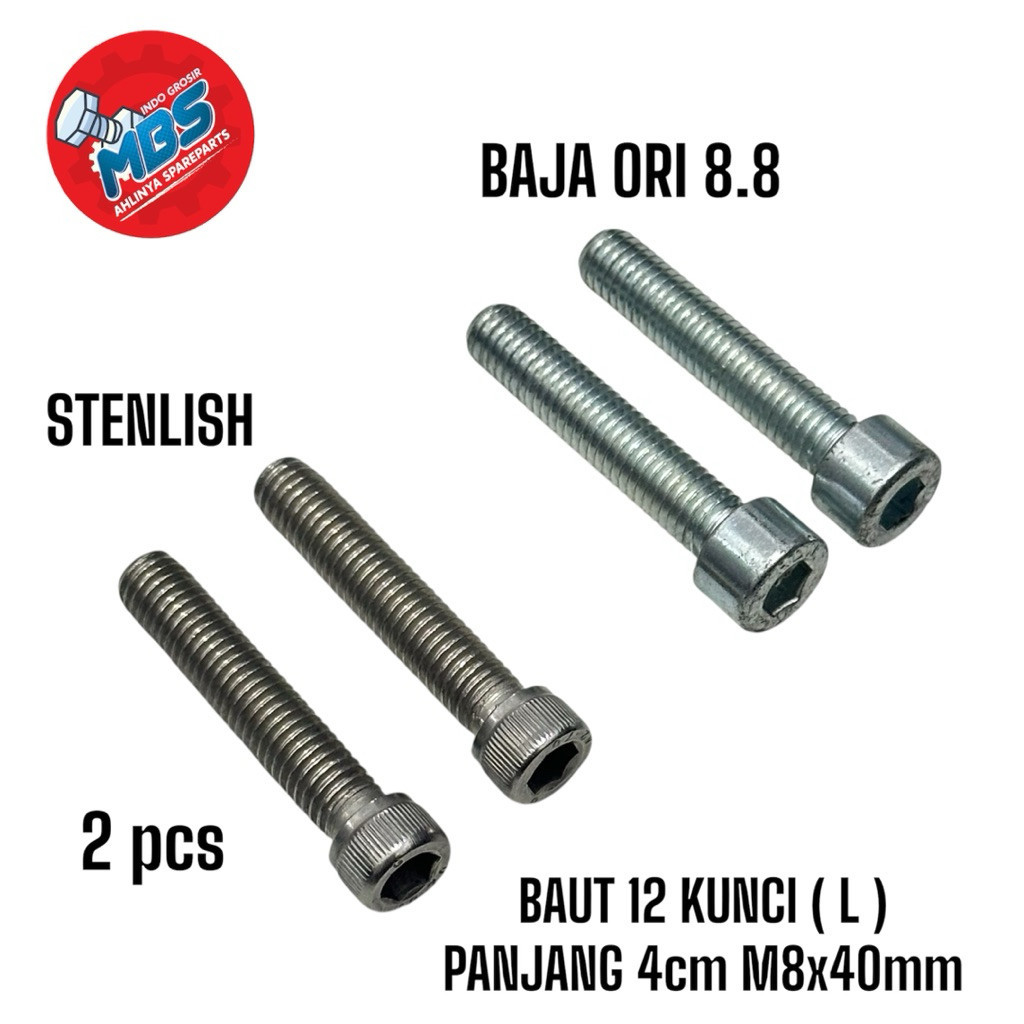 BAUT 12 KUNCI L PANJANG 4cm BOLT STENLIS BAJA ORIGINAL