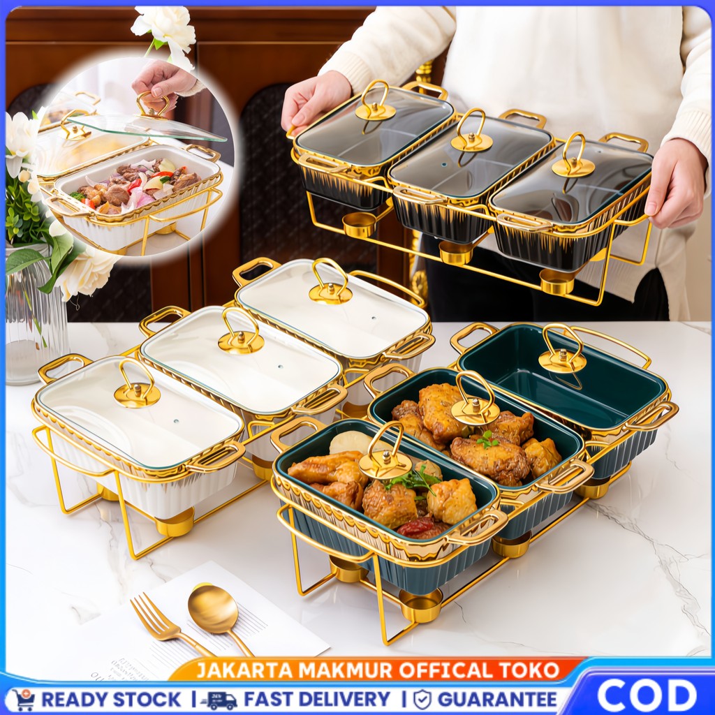 Prasmanan Isi 3 Set Rak Marbel Hitam Putih/Tempat Prasmanan Gandeng Keramik 1L/Food Warmer Type/Gold