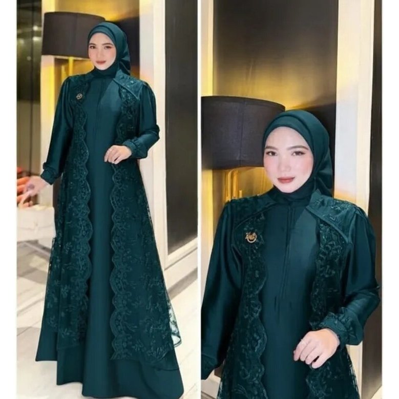 gaun warna ijo botol emerald green wanita dewasa mewah / gamis kondangan terbaru viral lebaran mahog
