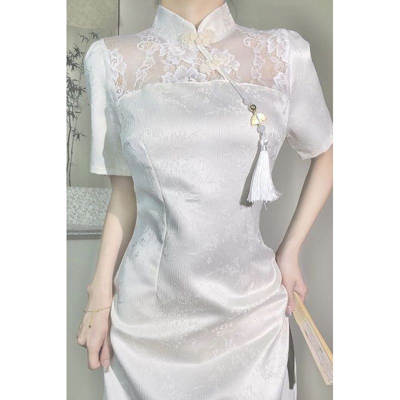 [COD]Gaya Cina Baru Putih Ditingkatkan Cheongsam Dress Wanita
