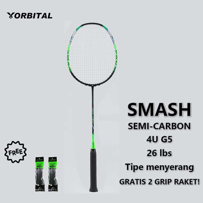 OITAL Raket Bton SMASH 4U g±2g Semi-Caon Tipe Menyerang 26 lbs Dengan Gratis 2 Grip Raket