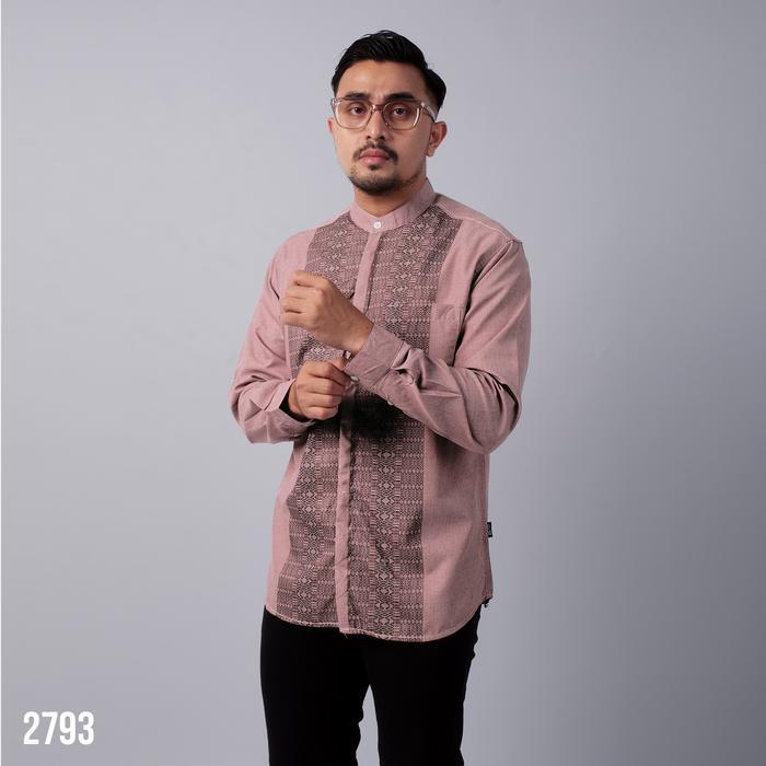 DGM Baju Koko Pria Lengan Panjang Bordir  Merah Muda Motif Geometris Baju Koko 2793 - XXL