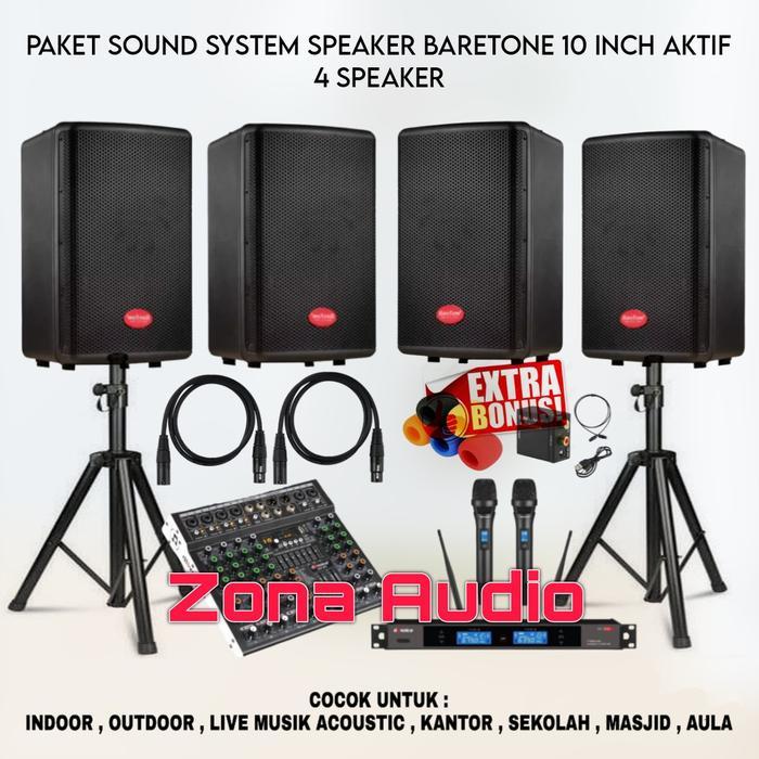 PAKET SOUND SYSTEM INDOOR OUTDOOR LIVE MUSIK KARAOKE SPEAKER BARETONE 10 INCH AKTIF 4 SPEAKER MIXER 