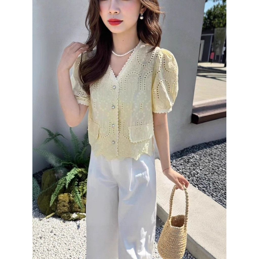 Blus Renda Manis Desain Baru Lengan Puff Bunga Lengan Pendek Berongga