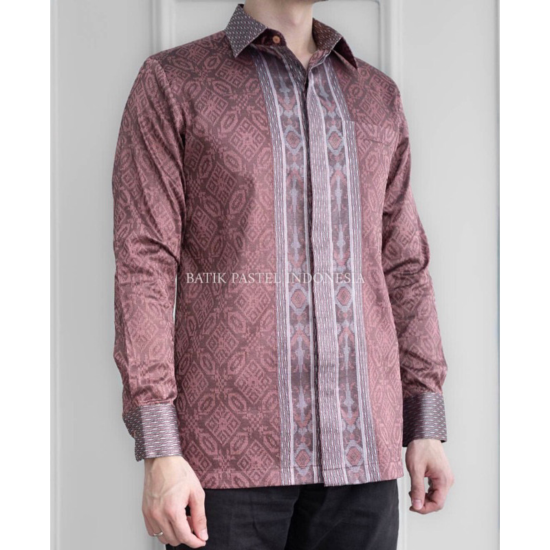 [READY 9 warna] kemeja hem pria lengan panjang batik tenun songket pink salem exlusive