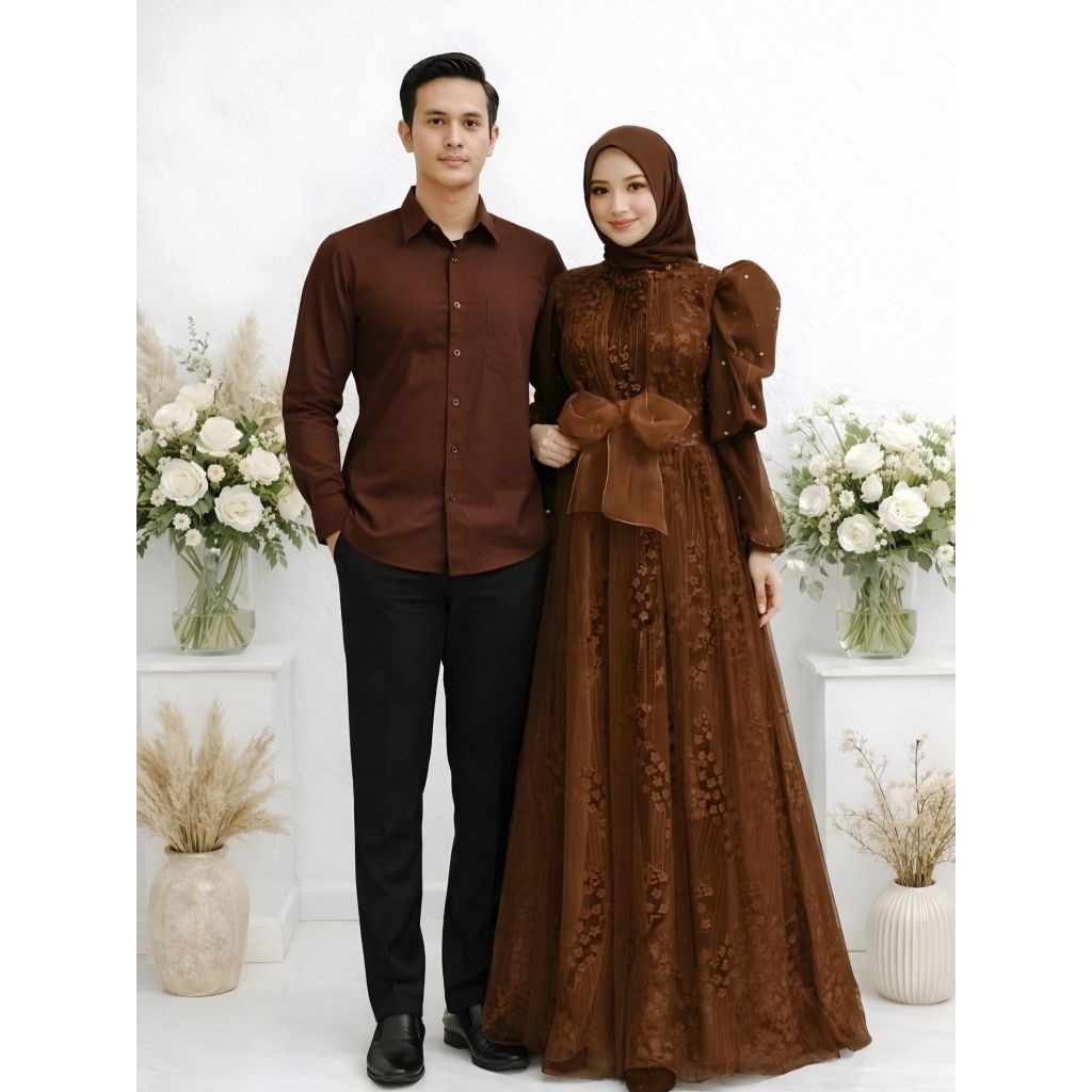 FRANCISS.ID Couple Gamis Brokat Pesta Wanita Busui + Kemeja Pria Lengan Panjang Baju Pasangan Lebara
