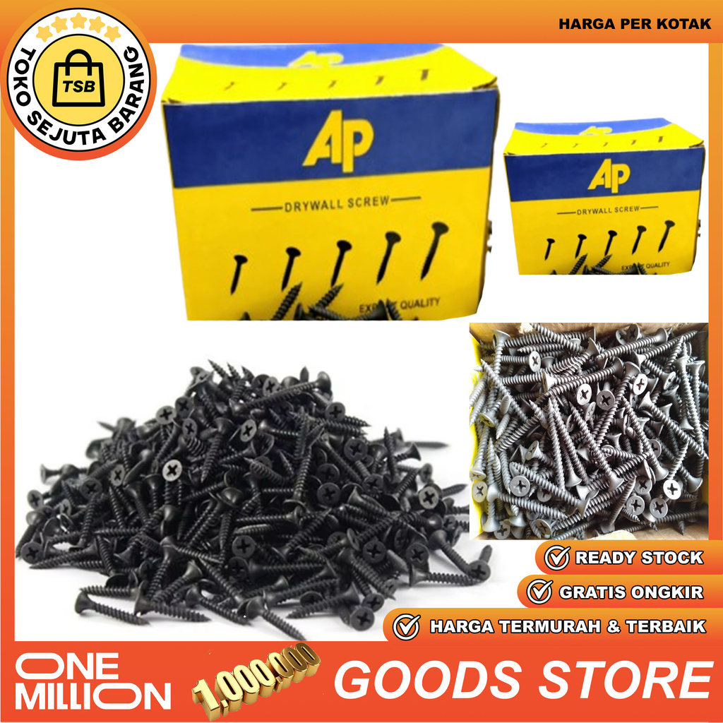 Baut Drywall Screw AP Hitam Sekrup Gypsum 6 x 1 1/4 6 x 2 6 x 1 Inch Per Kotak Skrup Sekerup Scrup G