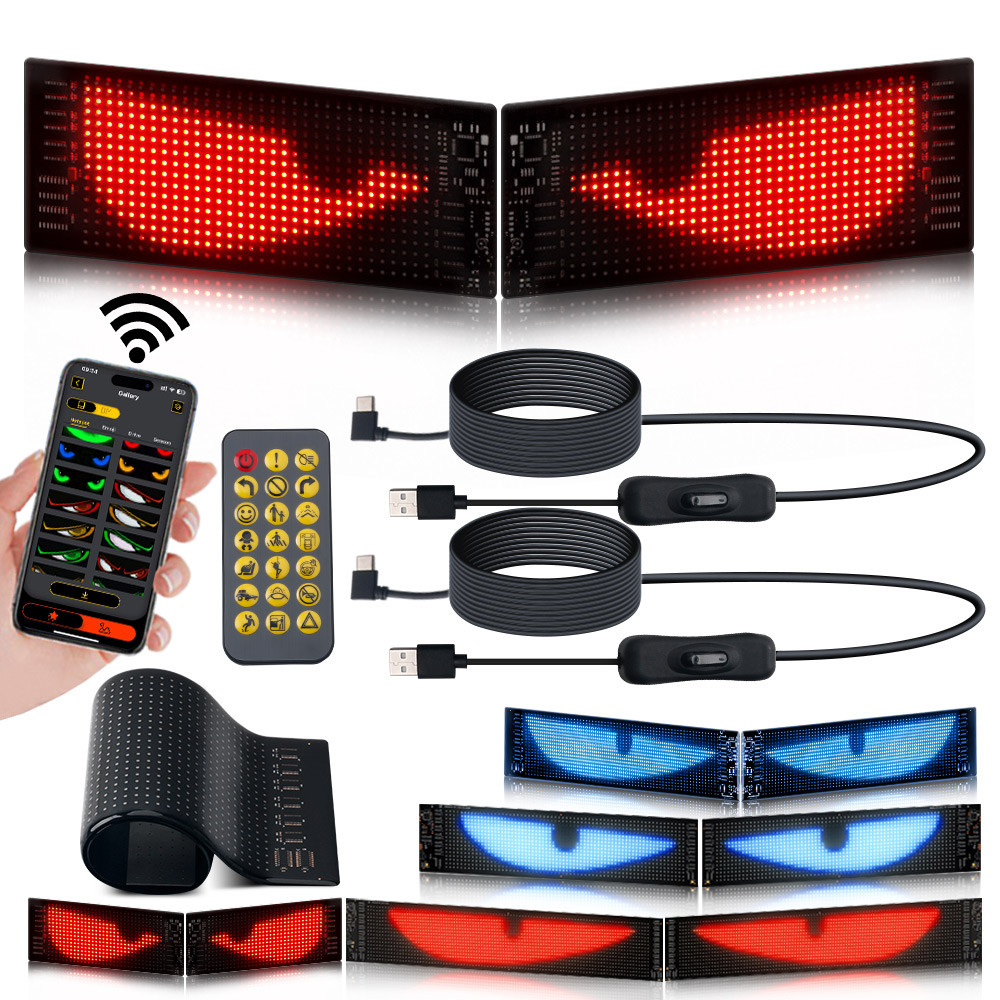 2PCS Lampu Mata Iblis untuk Jendela Mobil, Layar LED Fleksibel, Panel Pixel Matriks, Lampu Mata Ibli