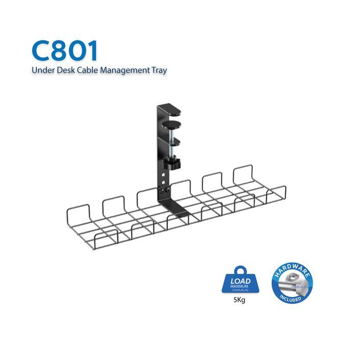 Oximus C801 Compact Clamp-On Under-Desk Cable Management Tray – Rak Kabel Meja Jepit Tanpa Bor, Pema