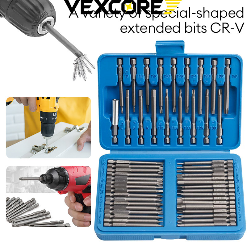 VEXCRO Set Obeng Keamanan Panjang Profesional 50 Buah CR-V Termasuk Tri-Wing, Tipe U, Tipe Y, Torx, 