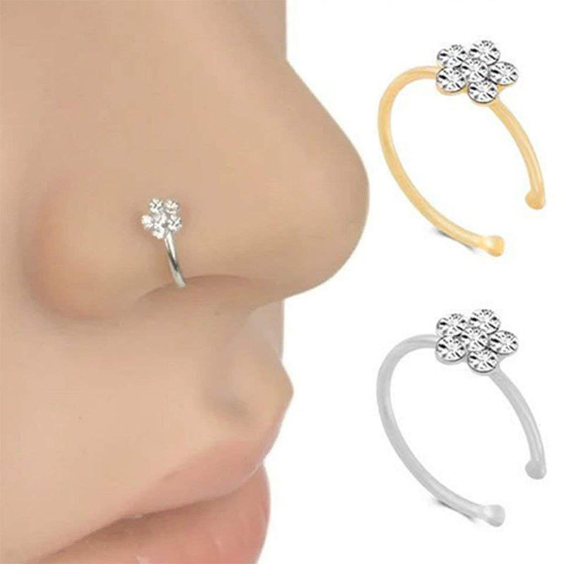 RUKA RUKACincin hidung palsu tipe C motif bunga plum SJRU cincin tindik hidung stainless steel