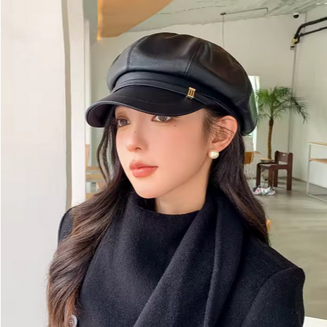(Teracasa) YEN - Topi Baret Wanita Kulit Fashion Buckle Hat Woman Leather Coklat Hitam Baret Octagon