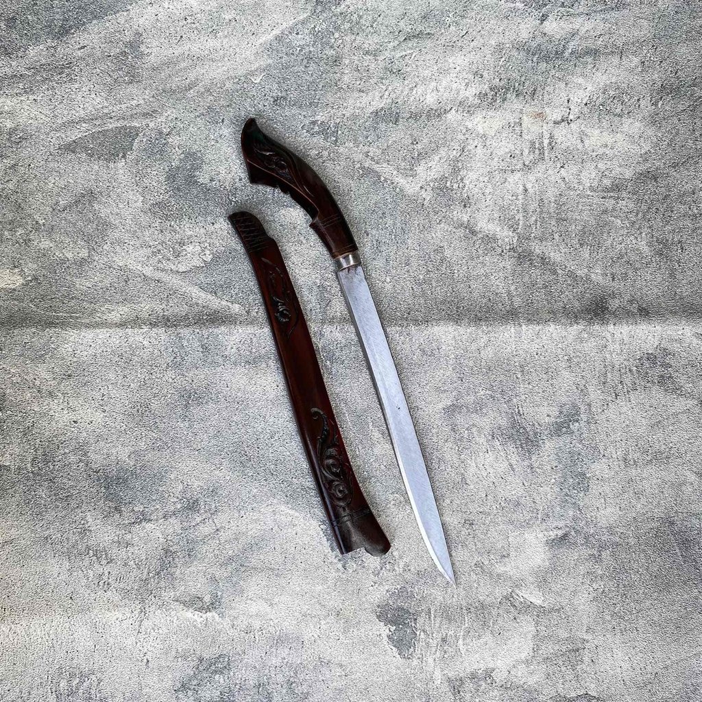 Golok Pendek Serbaguna Ukir Bunga Panjang Rasamala Baja Per