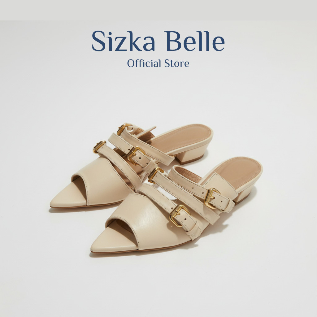 JAMIN MURAH Sizka Belle | Sandal Selop Wanita Stylish Hak 3cm - Hitam Cream Putih Bahan Sintetis Ber