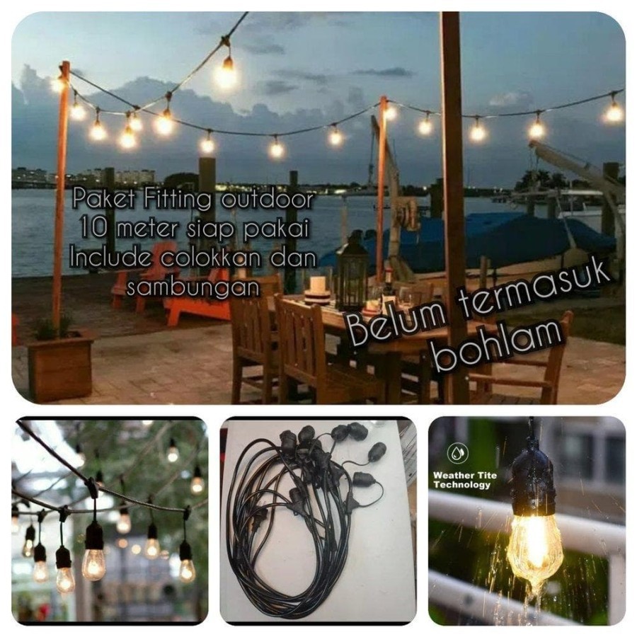 Kabel fiting lampu cafe gantung 10 Lampu Led 10 Meter Kabel Fitting Tahan Air Kafe BoLA Komplit Lamp