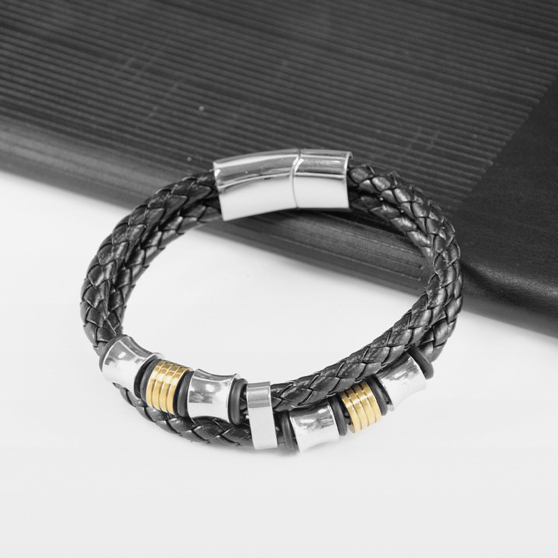 Gelang bambu dua lapis untuk pria berbahan kulit hitam dengan pengait magnet buatan tangan.