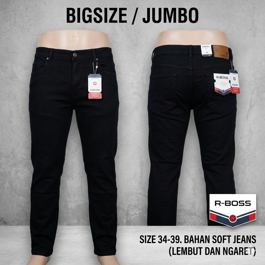 Celana Jeans Jumbo Pria Slim Fit Hitam Stretch R-BOSS – Soft Jeans Elastis Nyaman Premium Big Size 3