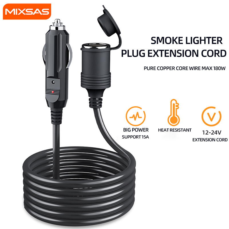 MIXSAS 4M Car Cigarette Lighter Extension Cable12V/24V Socket Plug Adapter with LED for BMW/Benz Cig