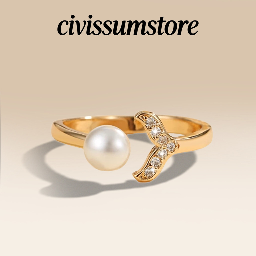 CIVISSUM Cincin Ekor Putri Duyung - Desain Unik Mutiara Imitasi Tembaga Lapis Emas Ukuran Dapat Diat