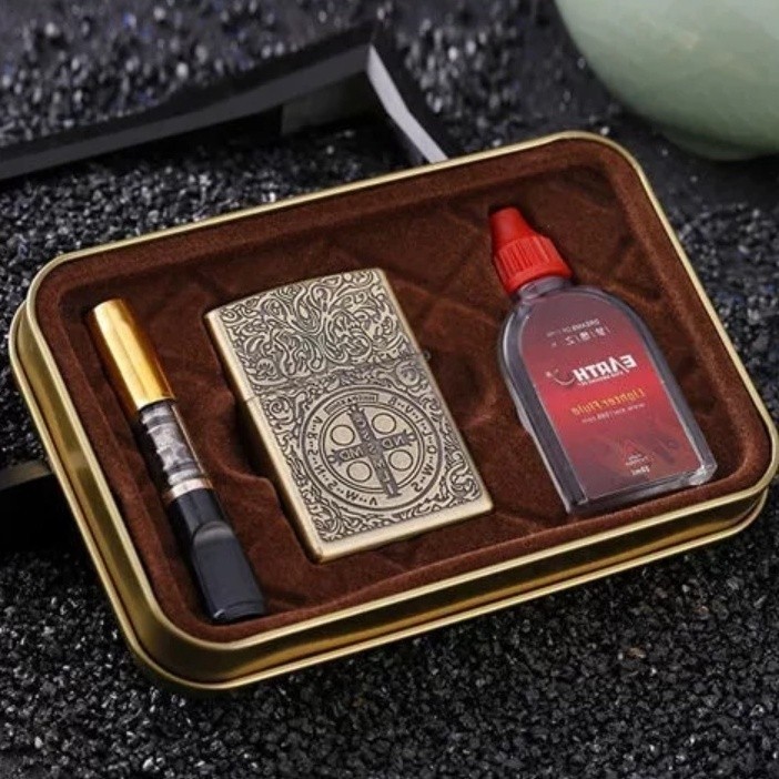 Set Korek Api Vintage Kotak Kaleng Eksklusif Korek Sumbu Refill + Minyak + Pipa Rokok Cangklong Anti