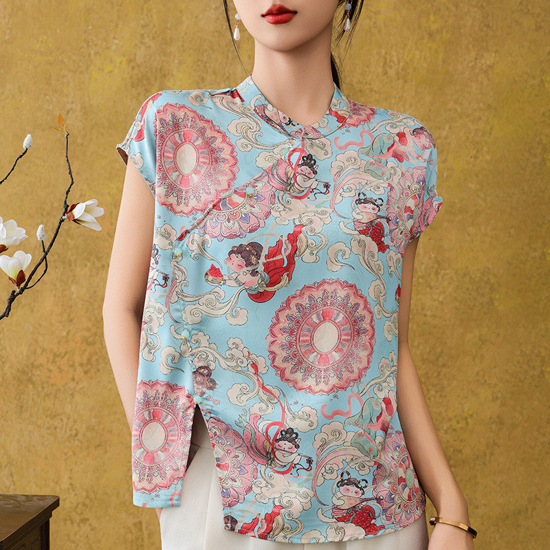 Atasan T-Shirt Lengan Pendek Kancing Jacquard Satin Gaya Nasional Baru Wanita