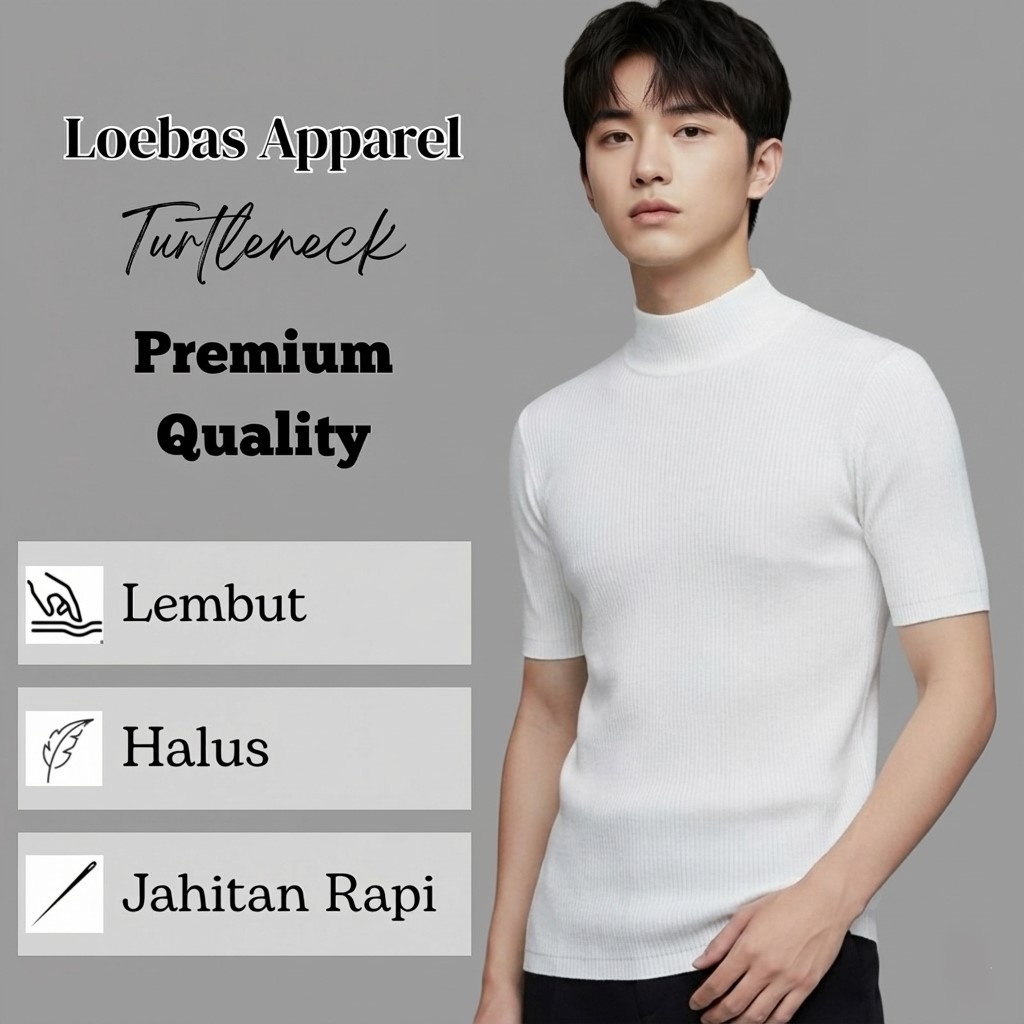 Kaos Turtleneck Rajut Leher Tinggi Pria Polos Lengan Pendek