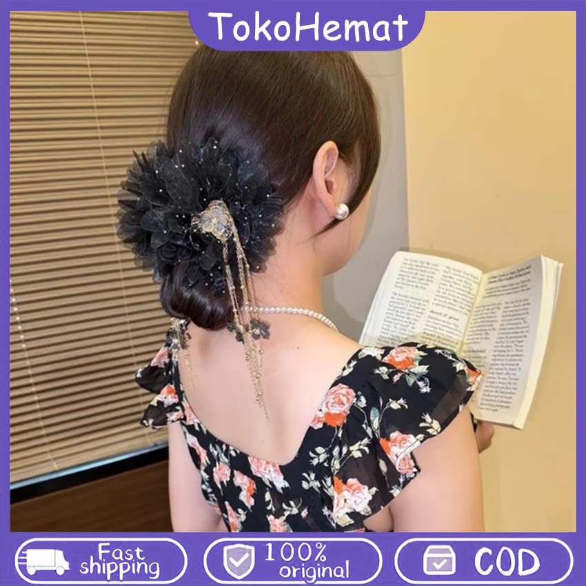 Jepit Rambut Wanita Mewah Model Jepit Ikan Hiu Besar Desain Ranting Emas & Rumbai untuk Gaya Sanggul