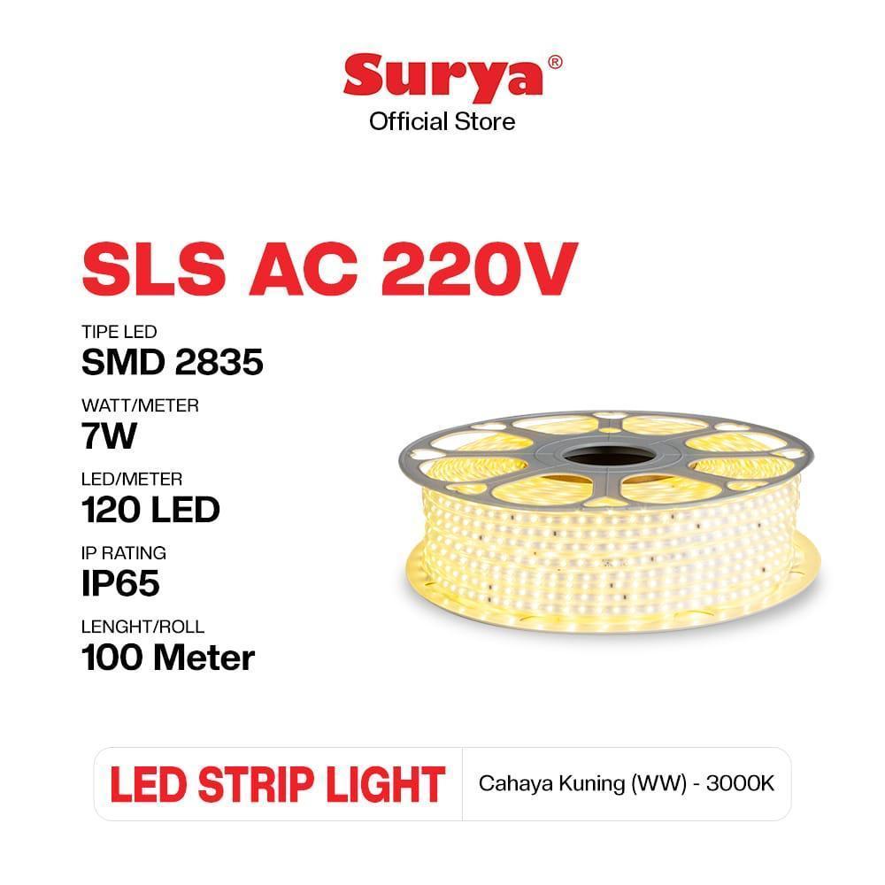 ROLL 100MTR 7W/MTR SURYA LED SELANG SLS 2835 120L 7W 7MM IP65 AC 220V 100MTR KUNING 3000K WARMWHITE 