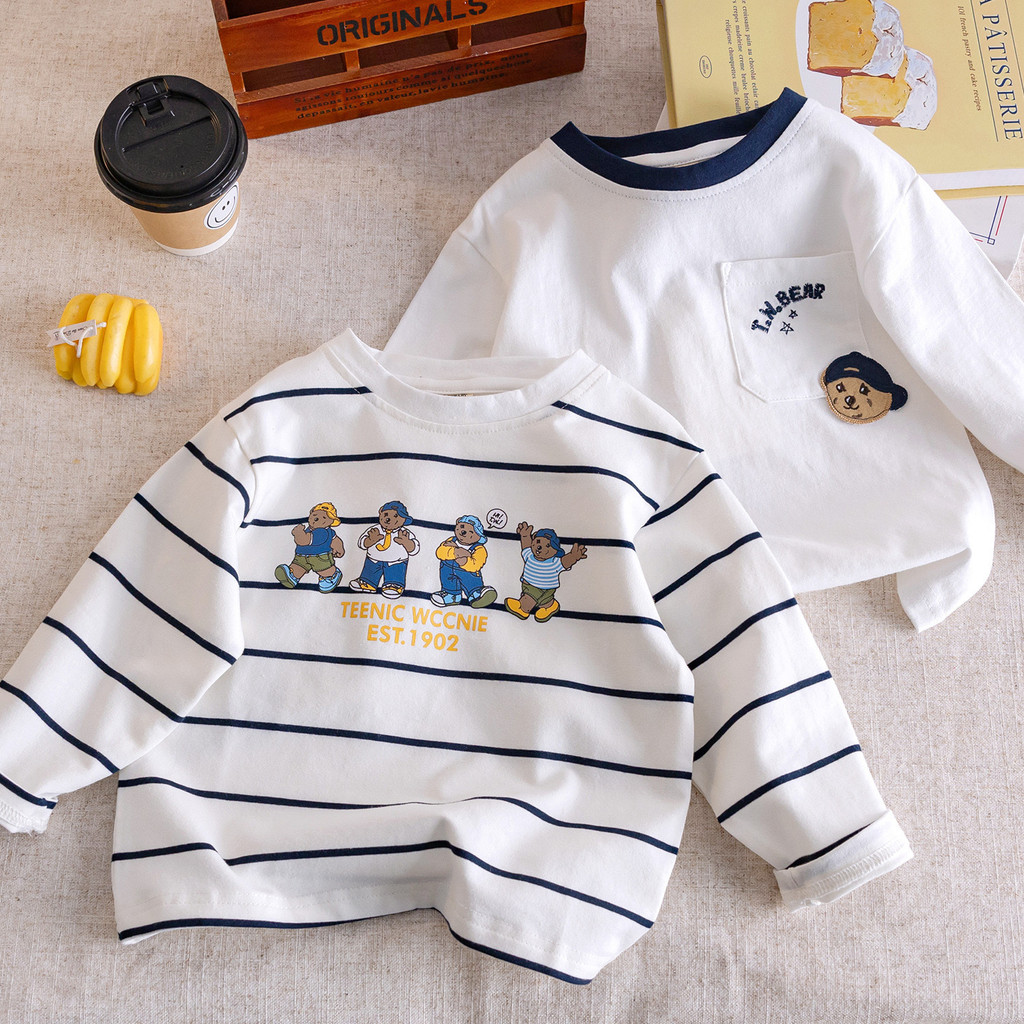 Lengan Panjang Anak T Kemeja Bergaris Kartun Beruang Bayi Kemeja Dasar Kartun