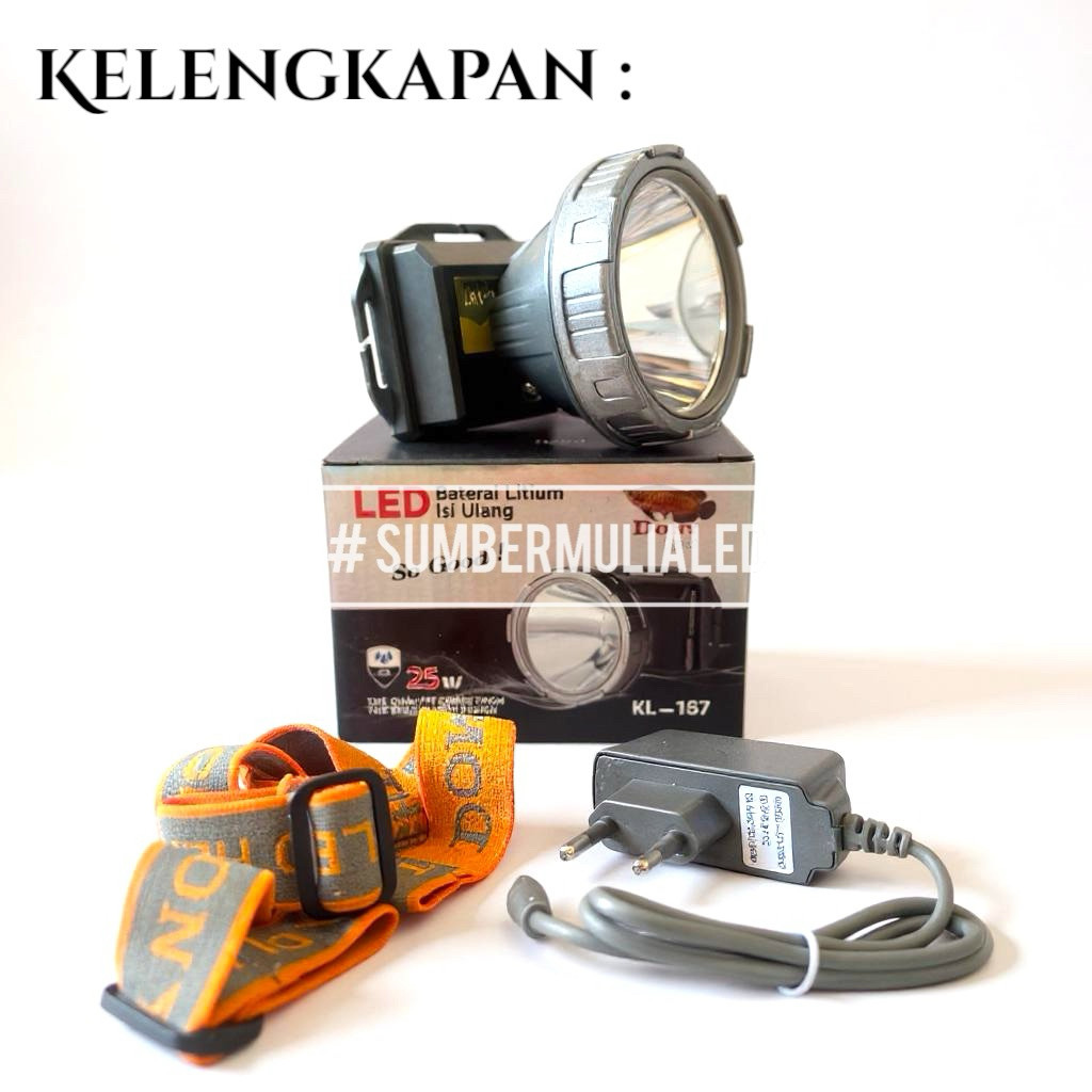 Senter kepala DONY KL-187 putih KL- 187 Mantap 20W UPGRADE JADI 25W + Lampu LED Indikator Battery
