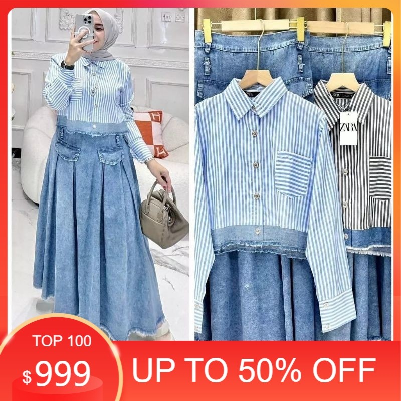 2,2 ONE SET ROK JEANS MIX KATUN || Busana Muslim Set Tunik Busui katun Kimy