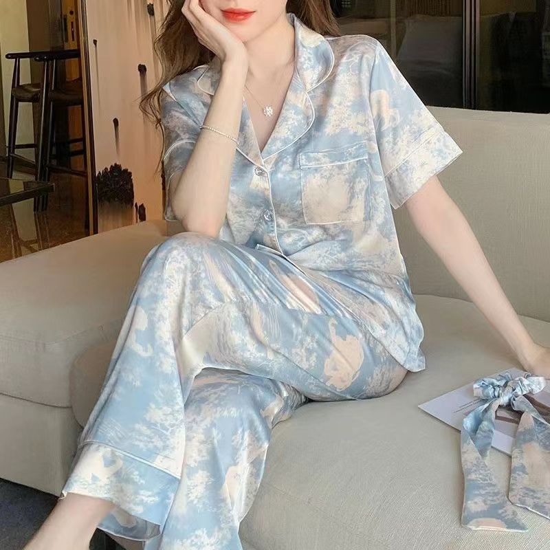 piyama sutra sutra es tie-dye baru piyama wanita sutra manis pajama premium  lengan pendek dan indah