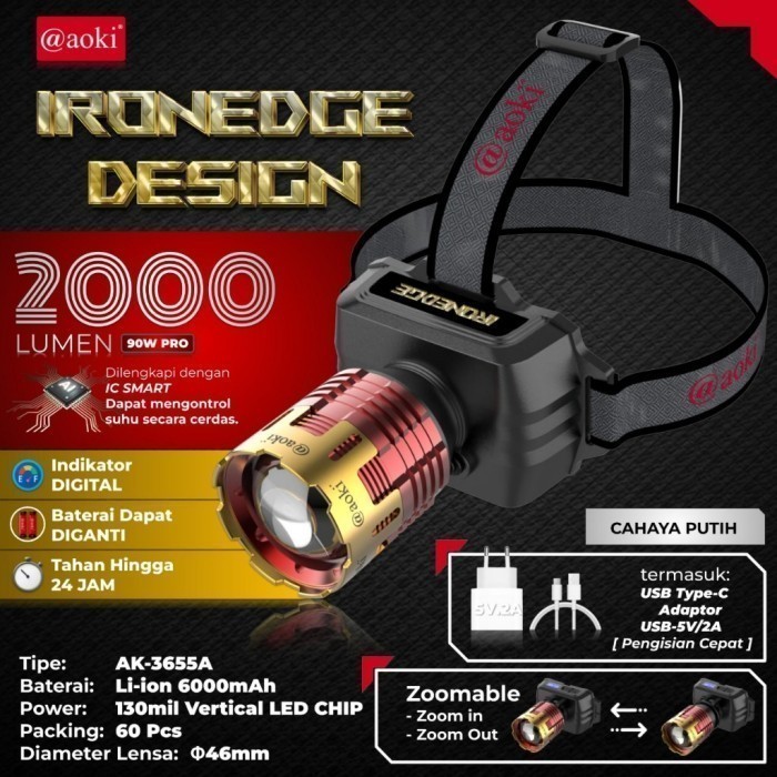 SENTER KEPALA ZOOM LED 90W PRO AOKI AK-3655A - BATERAI 6.000mAh  - PREMIUM - 90W PRO PUTIH