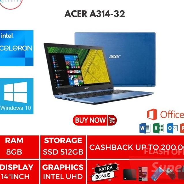 laptop ACER A314 INTEL CELERON N4000 | RAM 8GB SSD 512GB | 14" INCH