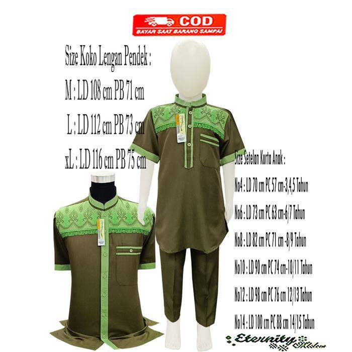 Promo Lebaran Baju Koko Couple Ayah dan Anak Laki Laki Lengan Pendek Bordir Kombinasi - Hijau Army, 