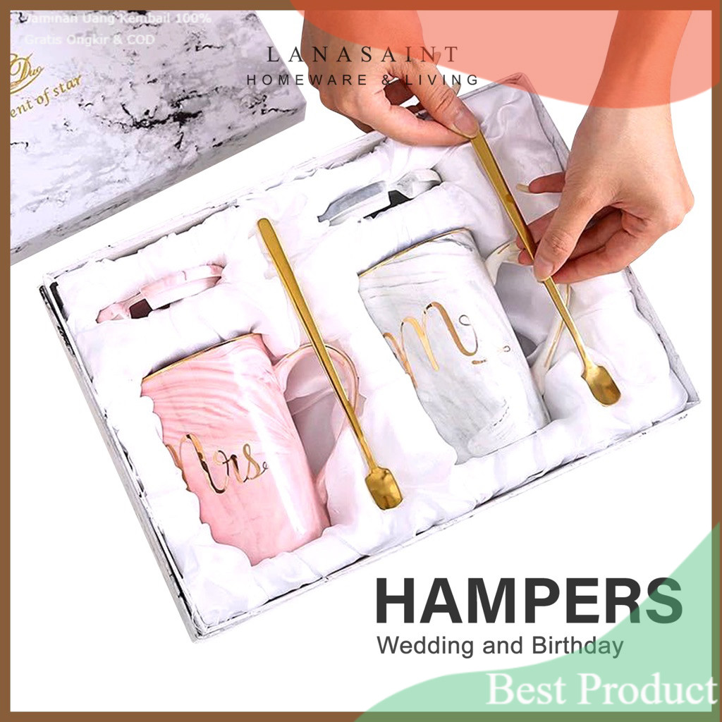 LANASAINT Hampers Wedding amd Birthday BERN Marble Glass Set  Mr & Mrs Glass/ Hijau Toska Biru Aqua