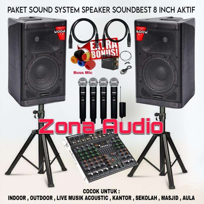 PAKET SOUND SYSTEM INDOOR KARAOKE LIVE MUSIK SPEAKER SOUNDBEST 8 INCH MIXER 6 CHANNEL 4 MIC WIRELESS