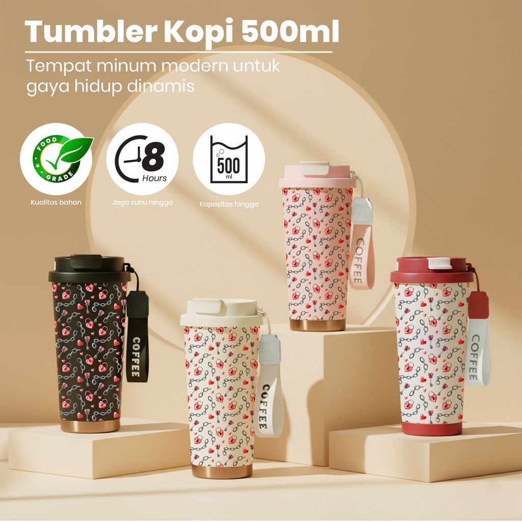 Tumbler Stainless Steel 316 Floral Pattern Kapasitas 500ml Dengan Tutup Unik, Desain Modern dan Este