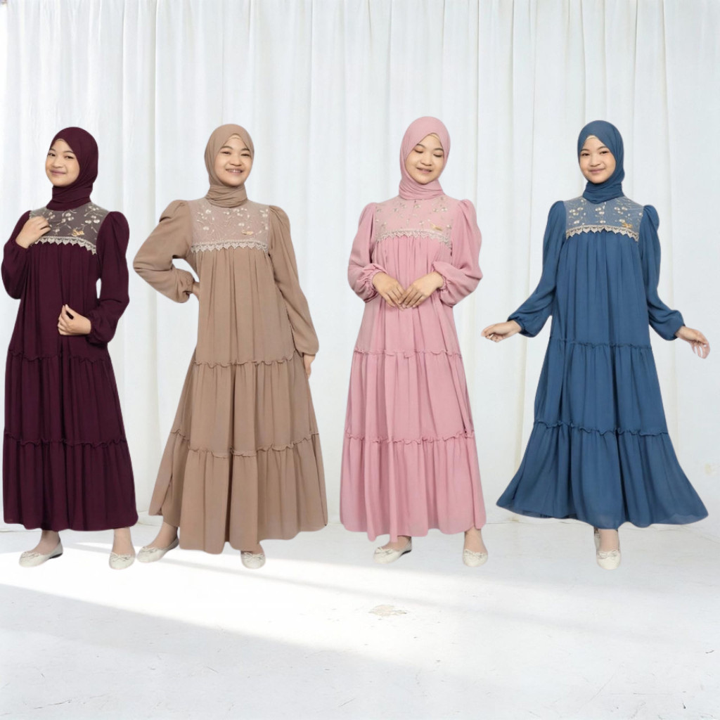 [Ready Stok] Gamis Anak Perempuan Tanggung Pesta Mix Brokat Ceruty Babydoll Baju Lebaran Brukat Rema