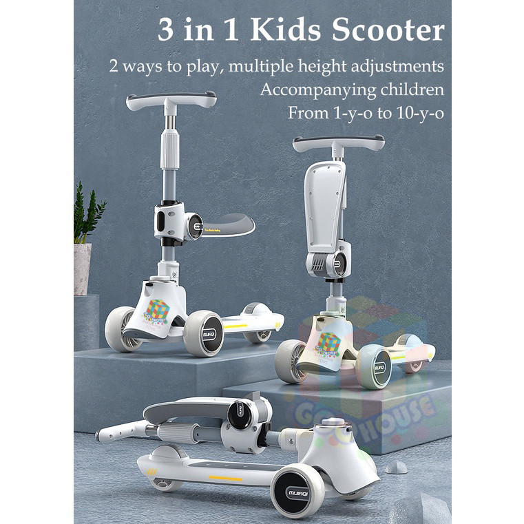 PROMOSkuter Anak 3 in 1 skuter anak perempuan skuter lipat Scooter Anak Musik skuter anak Kids Scoot